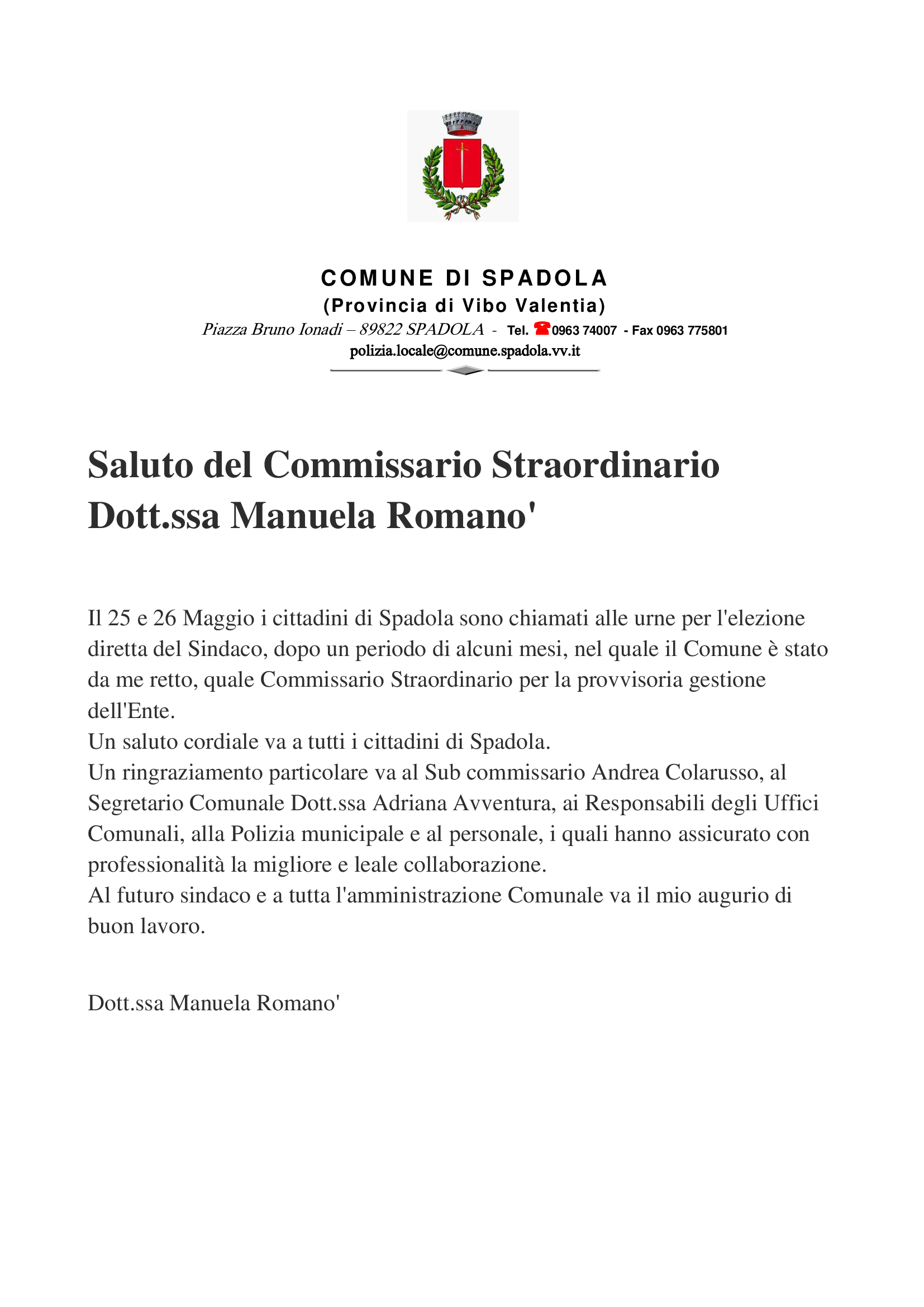 Saluto del Commissario Straordinario Dott.ssa Manuela Romano'